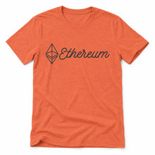 Ethereum Script original artwork on a heather orange Bella + Canvas 3001 T-shirt, realistic upright flatlay on a white background
