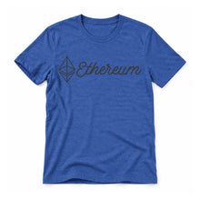 Ethereum Script original artwork on a heather true royal Bella + Canvas 3001 T-shirt, realistic upright flatlay on a white background
