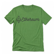 Ethereum Script original artwork on a leaf Bella + Canvas 3001 T-shirt, realistic upright flatlay on a white background