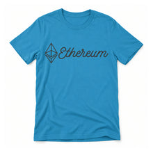 Ethereum Script original artwork on a ocean blue Bella + Canvas 3001 T-shirt, realistic upright flatlay on a white background
