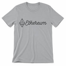 Ethereum Script original artwork on a silver Bella + Canvas 3001 T-shirt, realistic upright flatlay on a white background