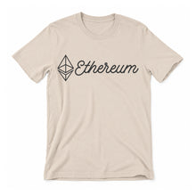 Ethereum Script original artwork on a soft cream Bella + Canvas 3001 T-shirt, realistic upright flatlay on a white background