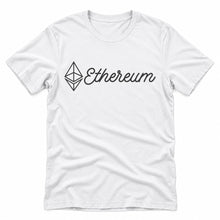 Ethereum Script original artwork on a white Bella + Canvas 3001 T-shirt, realistic upright flatlay on a white background