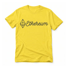 Ethereum Script original artwork on a yellow Bella + Canvas 3001 T-shirt, realistic upright flatlay on a white background