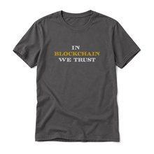 In Blockchain We Trust original artwork on a asphalt t-shirt, upright relaxed flatlay on pure white
