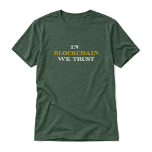 In Blockchain We Trust original artwork on a heather forest t-shirt, upright relaxed flatlay on pure white
