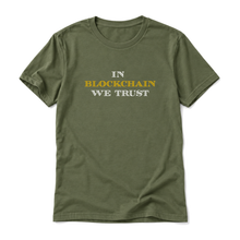 In Blockchain We Trust original artwork on a olive t-shirt, upright relaxed flatlay on pure white