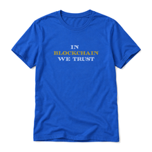 In Blockchain We Trust original artwork on a true royal t-shirt, upright relaxed flatlay on pure white