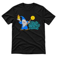 Magic Internet Money Bitcoin wizard graphic on a black t-shirt, upright flatlay on a pure white background