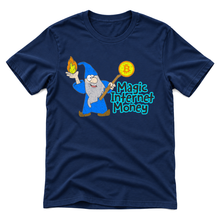 Magic Internet Money Bitcoin wizard graphic on a navy t-shirt, upright flatlay on a pure white background