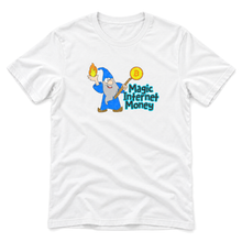 Magic Internet Money white t-shirt with Bitcoin wizard artwork, upright flatlay on a white background