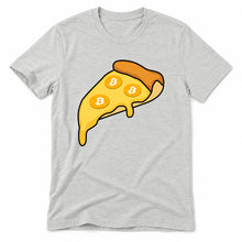 Bitcoin Pizza original artwork on a ash Bella + Canvas 3001 T-shirt, realistic upright flatlay on a white background