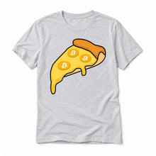 Bitcoin Pizza original artwork on a athletic heather Bella + Canvas 3001 T-shirt, realistic upright flatlay on a white background