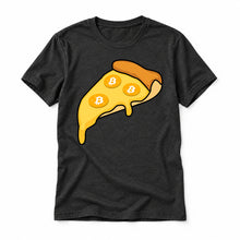 Bitcoin Pizza original artwork on a black heather Bella + Canvas 3001 T-shirt, realistic upright flatlay on a white background