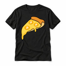 Bitcoin Pizza original artwork on a black Bella + Canvas 3001 T-shirt, realistic upright flatlay on a white background