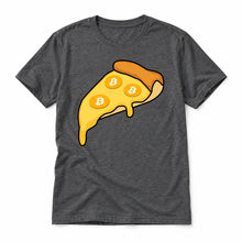 Bitcoin Pizza original artwork on a dark grey heather Bella + Canvas 3001 T-shirt, realistic upright flatlay on a white background