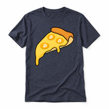 Bitcoin Pizza original artwork on a heather midnight navy Bella + Canvas 3001 T-shirt, realistic upright flatlay on a white background