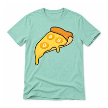 Bitcoin Pizza original artwork on a heather mint Bella + Canvas 3001 T-shirt, realistic upright flatlay on a white background