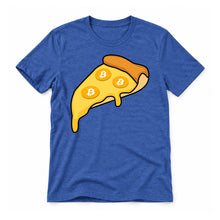 Bitcoin Pizza original artwork on a heather true royal Bella + Canvas 3001 T-shirt, realistic upright flatlay on a white background