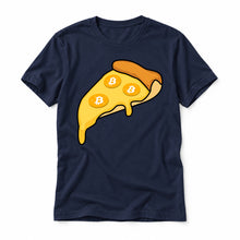 Bitcoin Pizza original artwork on a navy Bella + Canvas 3001 T-shirt, realistic upright flatlay on a white background