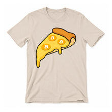 Bitcoin Pizza original artwork on a soft cream Bella + Canvas 3001 T-shirt, realistic upright flatlay on a white background