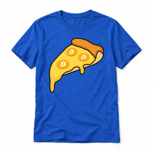 Bitcoin Pizza original artwork on a true royal Bella + Canvas 3001 T-shirt, realistic upright flatlay on a white background