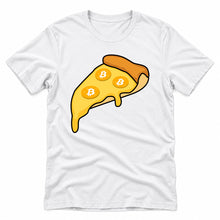 Bitcoin Pizza original artwork on a white Bella + Canvas 3001 T-shirt, realistic upright flatlay on a white background