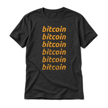 Six distressed orange Bitcoin wordmarks on a black heather t-shirt, upright relaxed flatlay on pure white