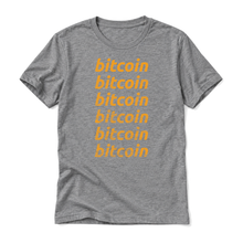 Six distressed orange Bitcoin wordmarks on a deep heather gray t-shirt, upright relaxed flatlay on pure white