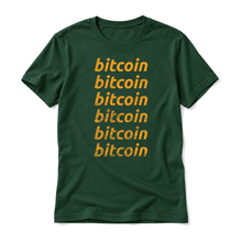 Six distressed orange Bitcoin wordmarks on a forest green t-shirt, upright relaxed flatlay on pure white