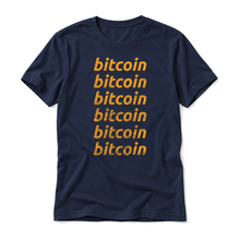 Six distressed orange Bitcoin wordmarks on a navy t-shirt, upright relaxed flatlay on pure white