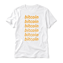 Six distressed orange Bitcoin wordmarks on a white t-shirt, upright relaxed flatlay on pure white