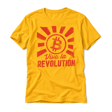 Viva La Revolution Bitcoin red distressed artwork on a gold t-shirt, relaxed upright flatlay on pure white