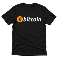 Bitcoin Rounded Classic orange emblem and white wordmark on a black t-shirt, upright flatlay on a pure white background