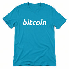 Simple Bitcoin original artwork on a aqua Bella + Canvas 3001 T-shirt, realistic upright flatlay on a white background