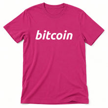 Simple Bitcoin original artwork on a berry Bella + Canvas 3001 T-shirt, realistic upright flatlay on a white background