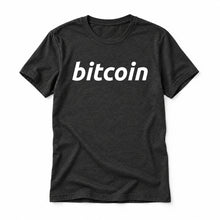 Simple Bitcoin original artwork on a black heather Bella + Canvas 3001 T-shirt, realistic upright flatlay on a white background