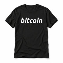 Simple Bitcoin original artwork on a black Bella + Canvas 3001 T-shirt, realistic upright flatlay on a white background