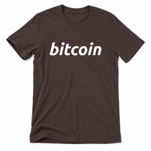 Simple Bitcoin original artwork on a brown Bella + Canvas 3001 T-shirt, realistic upright flatlay on a white background