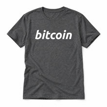 Simple Bitcoin original artwork on a dark grey heather Bella + Canvas 3001 T-shirt, realistic upright flatlay on a white background