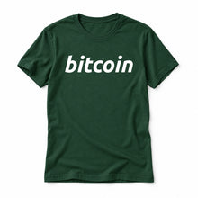Simple Bitcoin original artwork on a forest Bella + Canvas 3001 T-shirt, realistic upright flatlay on a white background