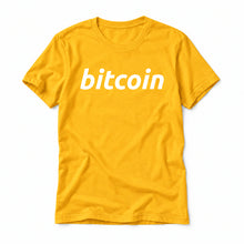 Simple Bitcoin original artwork on a gold Bella + Canvas 3001 T-shirt, realistic upright flatlay on a white background