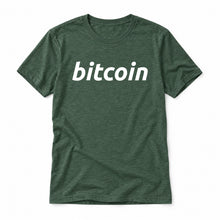 Simple Bitcoin original artwork on a heather forest Bella + Canvas 3001 T-shirt, realistic upright flatlay on a white background