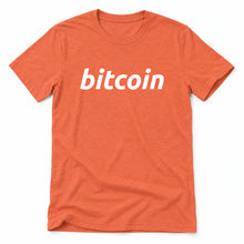 Simple Bitcoin original artwork on a heather orange Bella + Canvas 3001 T-shirt, realistic upright flatlay on a white background