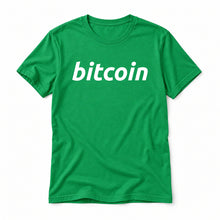 Simple Bitcoin original artwork on a kelly Bella + Canvas 3001 T-shirt, realistic upright flatlay on a white background