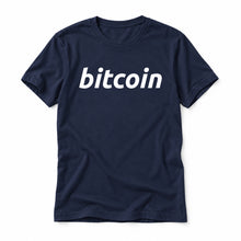 Simple Bitcoin original artwork on a navy Bella + Canvas 3001 T-shirt, realistic upright flatlay on a white background