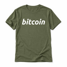Simple Bitcoin original artwork on a olive Bella + Canvas 3001 T-shirt, realistic upright flatlay on a white background