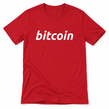 Simple Bitcoin original artwork on a red Bella + Canvas 3001 T-shirt, realistic upright flatlay on a white background