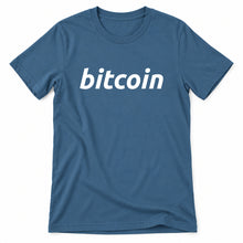 Simple Bitcoin original artwork on a steel blue Bella + Canvas 3001 T-shirt, realistic upright flatlay on a white background