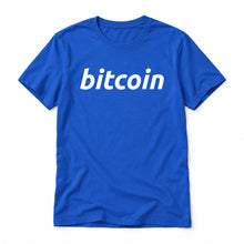 Simple Bitcoin original artwork on a true royal Bella + Canvas 3001 T-shirt, realistic upright flatlay on a white background